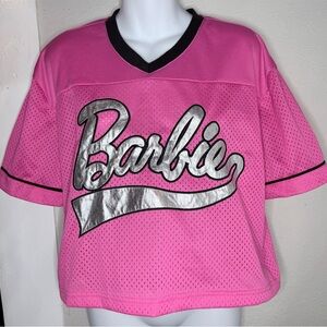 Barbie pink mesh cropped football jersey silver metallic logo women Small